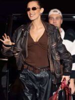 Bella Hadid 2025 Brown Distressed Leather Jacket
