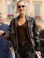Bella Hadid Distressed Brown Bomber Leather Jacket