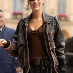 Bella Hadid Distressed Brown Bomber Leather Jacket