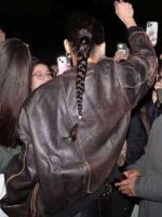 Bella Hadid Distressed Brown Leather Jacket