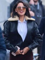 Fountain of Youth 2025 Eiza Gonzalez Black Shearling Leather Jacket