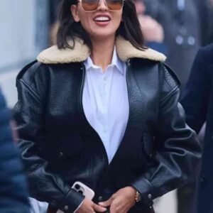 Fountain of Youth 2025 Eiza Gonzalez Black Shearling Leather Jacket