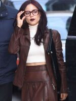 Jenna Ortega Death of a Unicorn 2025 Movie Premiere Brown Leather Jacket