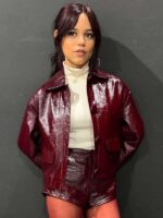 Jenna Ortega Death of a Unicorn 2025 Premiere Night Maroon Leather Jacket