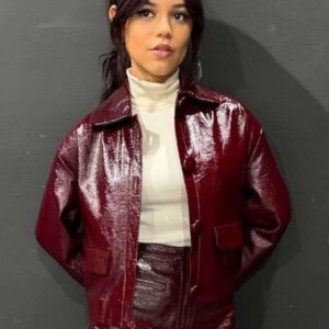 Jenna Ortega Death of a Unicorn 2025 Premiere Night Maroon Leather Jacket