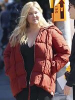 Kinda Pregnant Lainy Newton Red Puffer Hooded Jacket