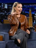 Millie Bobby Tonight Show Starring Jimmy Fallon Brown Leather Jacket at 50 Off