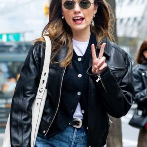 Street Style 2025 Aimee Lou Wood Black Leather Jacket