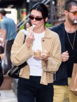 Street Style 2025 Kendall Jenner Beige Leather Jacket