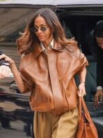 Zoe Saldana Street Style 2025 Brown Bomber Leather Jacket