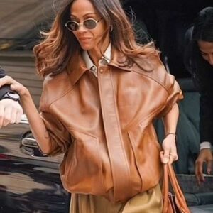 Zoe Saldana Street Style 2025 Brown Bomber Leather Jacket