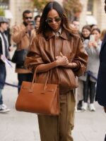 Zoe Saldana Street Style 2025 Brown Leather Jacket