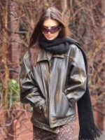 Emily Ratajkowski 2024 Brown Distressed Leather Jacket