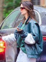 Emily Ratajkowski NYC Green Leather Jacket