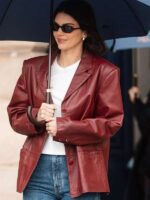 Kendall Jenner in Paris 2025 Maroon Leather Jacket