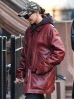 Model Emily Ratajkowski 2025 Burgundy Leather Jacket