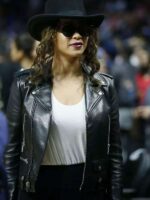 Beyonce NBA Game Black Biker Leather Jacket
