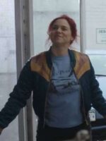Darcy Bloom Resident Alien Blue Satin Bomber Rising Sun Jacket