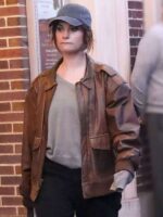 Lily James Relay Brown Leather Jacket