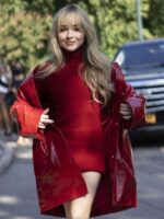 NYFW 2021 Sabrina Carpenter Red Leather Coat