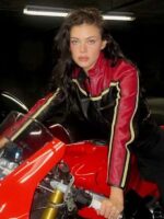 Nicola Peltz Red and Black Leather Jacket 1
