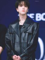 Younghoon The Boyz Black Leather Trench Coat