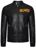 Halloween Pumpkin Printed Black Moto Leather Jacket