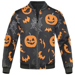 Halloween Pumpkins Printed Bomber Black Jacket