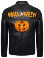 Pumpkin Printed Black Motorcycle Leather Jacket