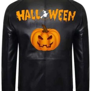 Pumpkin Printed Black Motorcycle Leather Jacket
