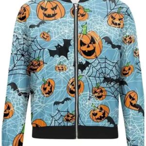 Pumpkins Halloween Printed Blue Bomber Jacket